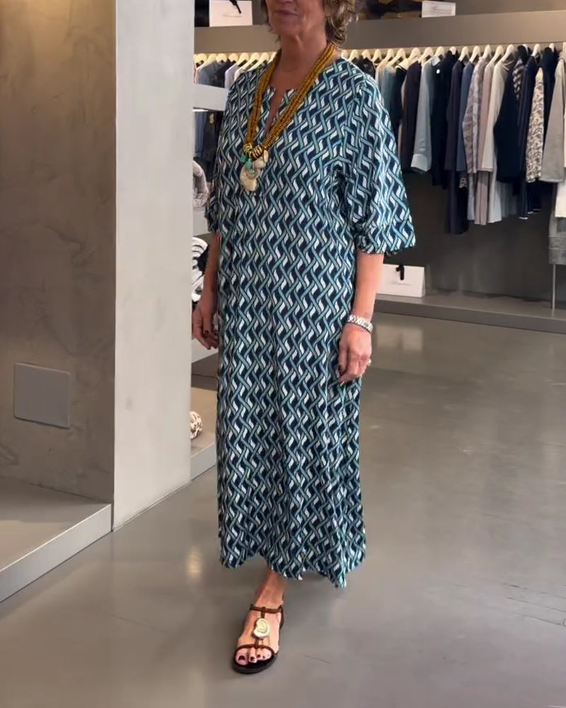 Robe Col En V Motif Diamant Droite Décontractée