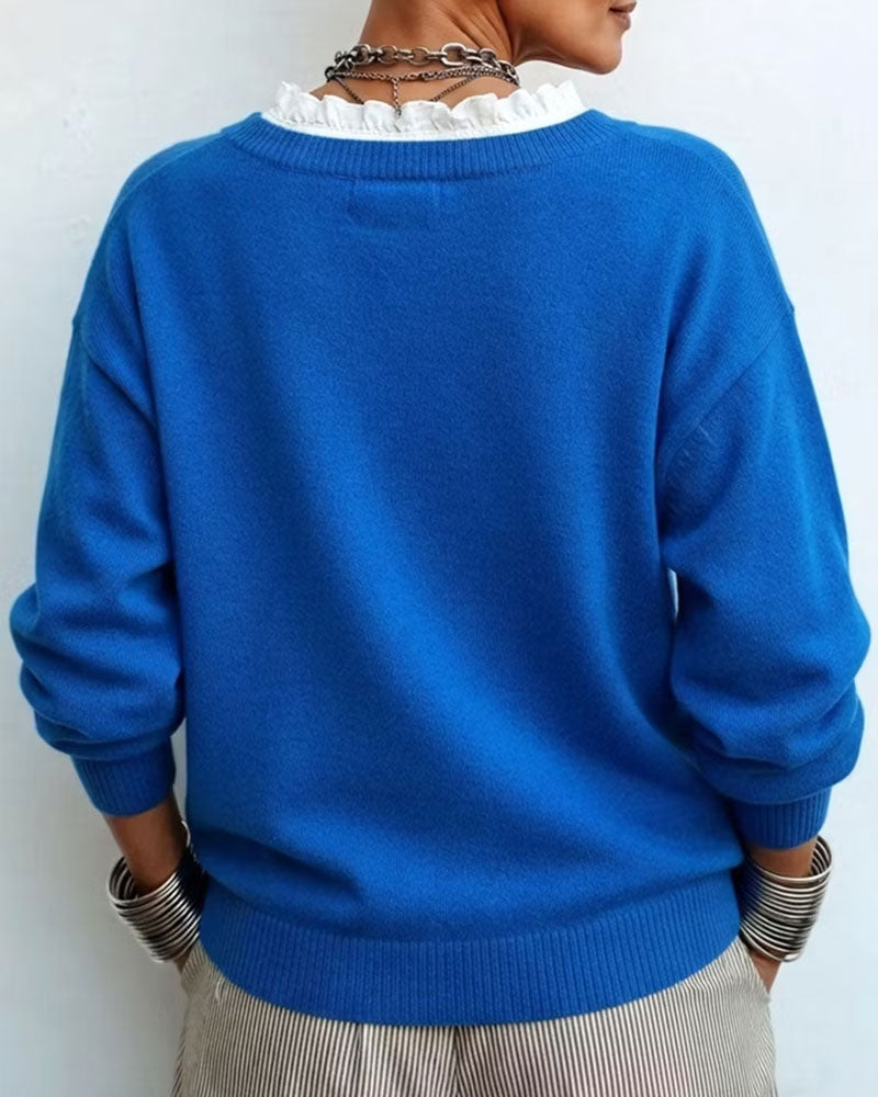 Pull en V à Fausse Deux Pièces avec Dentelle