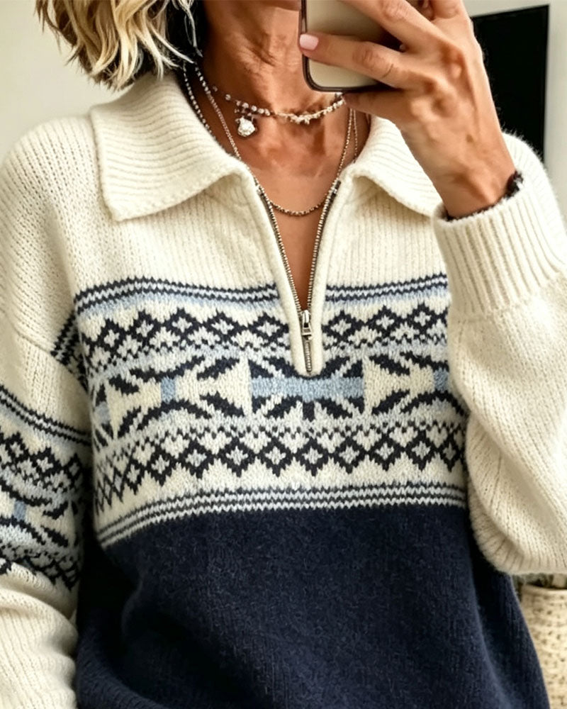 Pull à col revers avec fermeture éclair et motif losanges contrasté