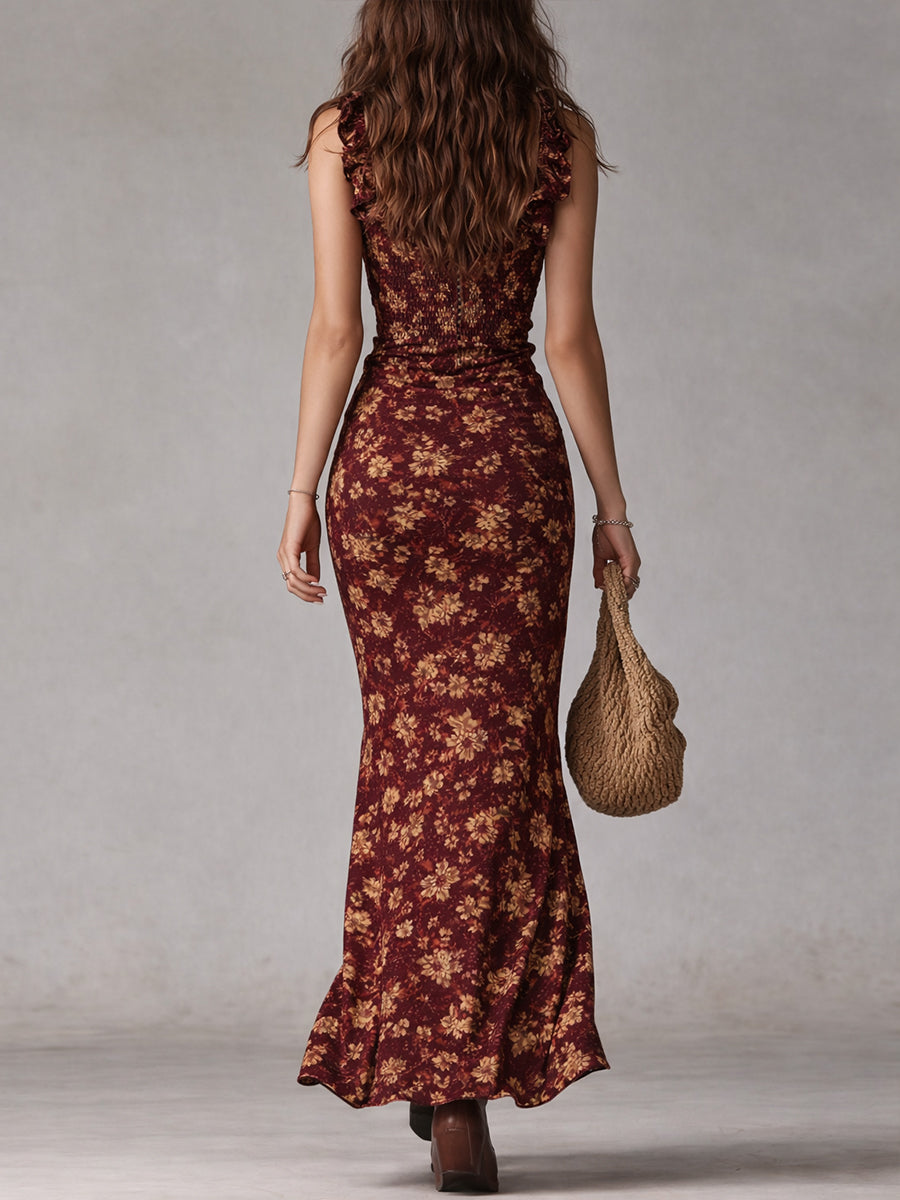 Maya™ | Robe maxi à manches volantes boho rétro avec fente haute