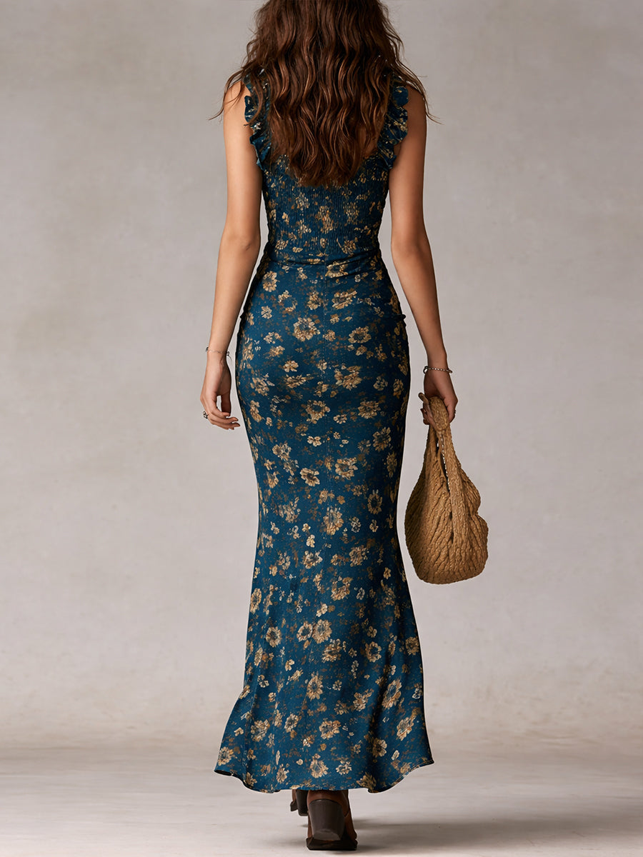 Maya™ | Robe maxi à manches volantes boho rétro avec fente haute