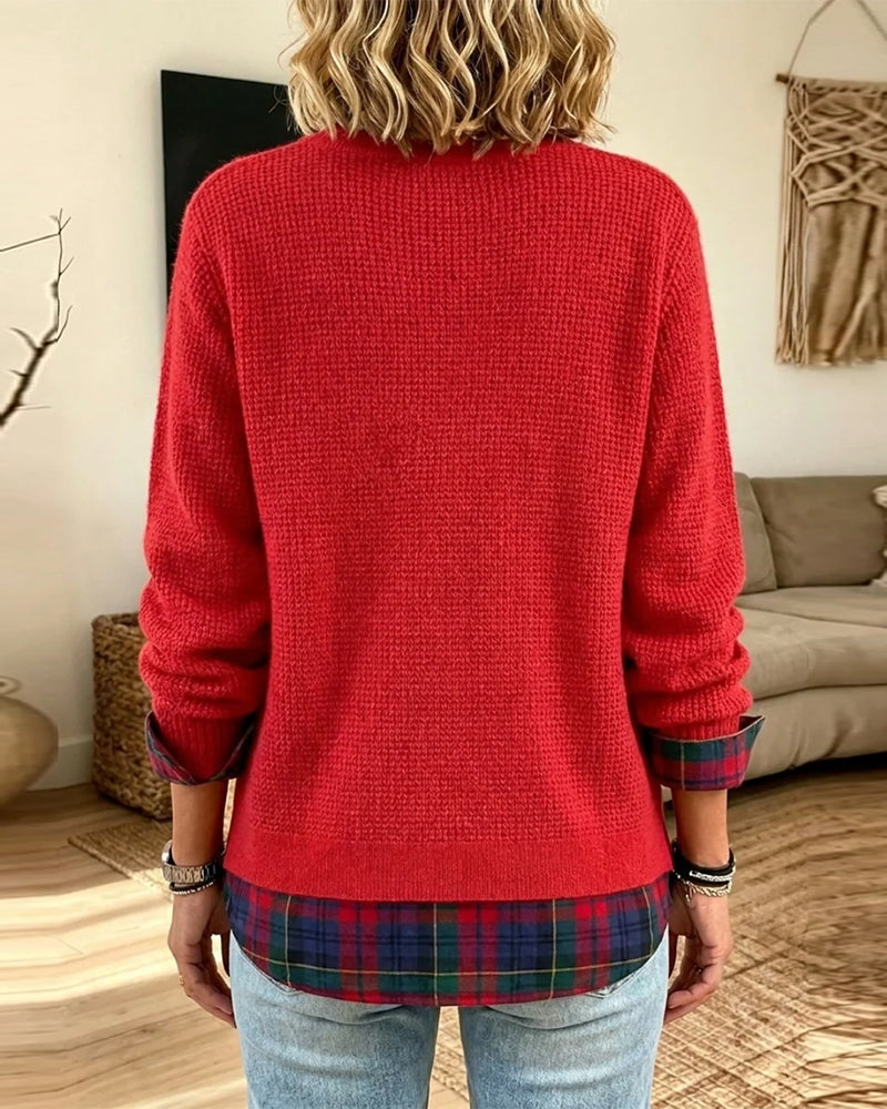 Pull Col Rond Carreau Patchwork Fausse Deux Pièces