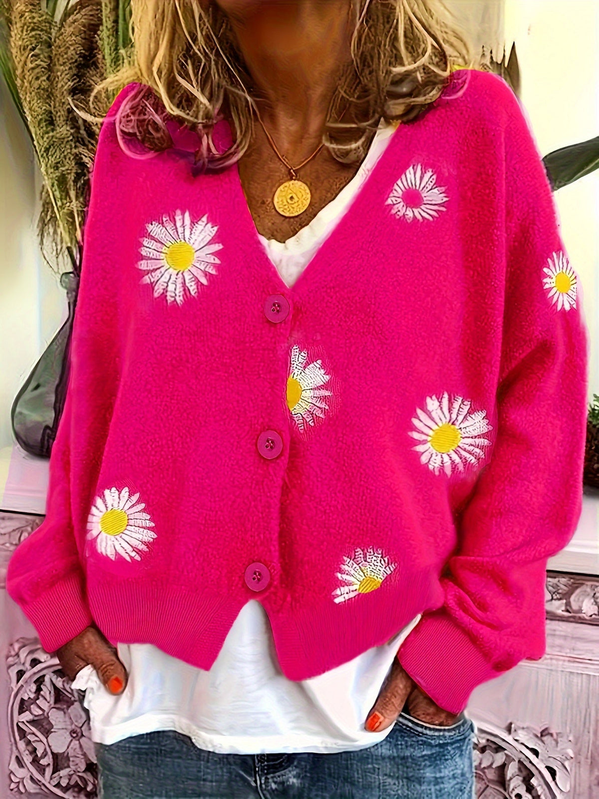 Brigitte - Gilet Élégant à Fleurs avec Boutons