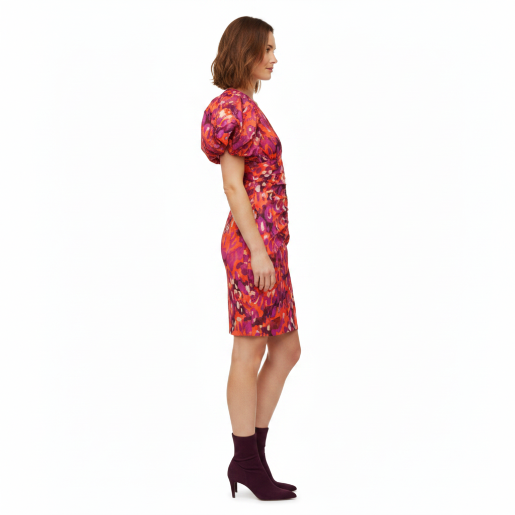 Robe Mi-Longue Imprimée à Manches Bouffantes et Décolleté en V pour Femme