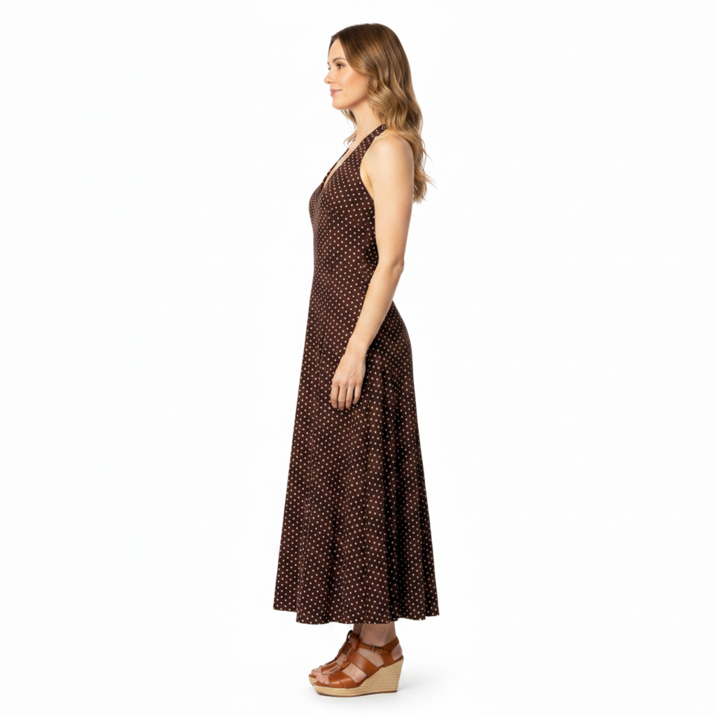 Robe Maxi à Pois pour Femme avec Col Halter et Décolleté en V Plongeant