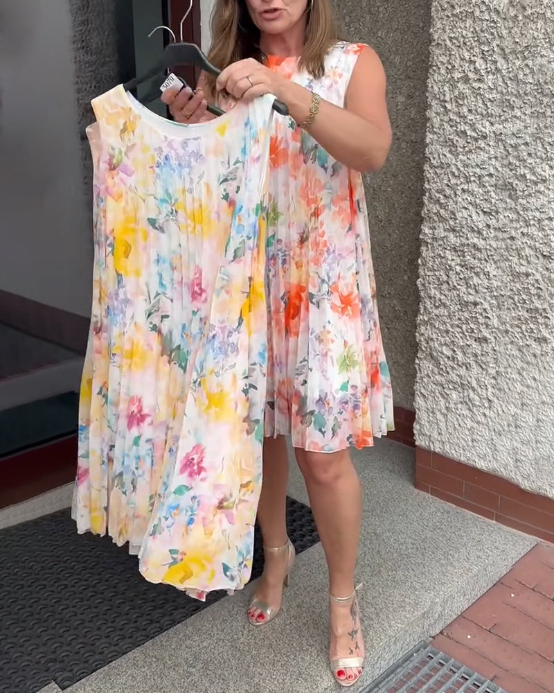 Robe Fleurie Plissée Sans Manches