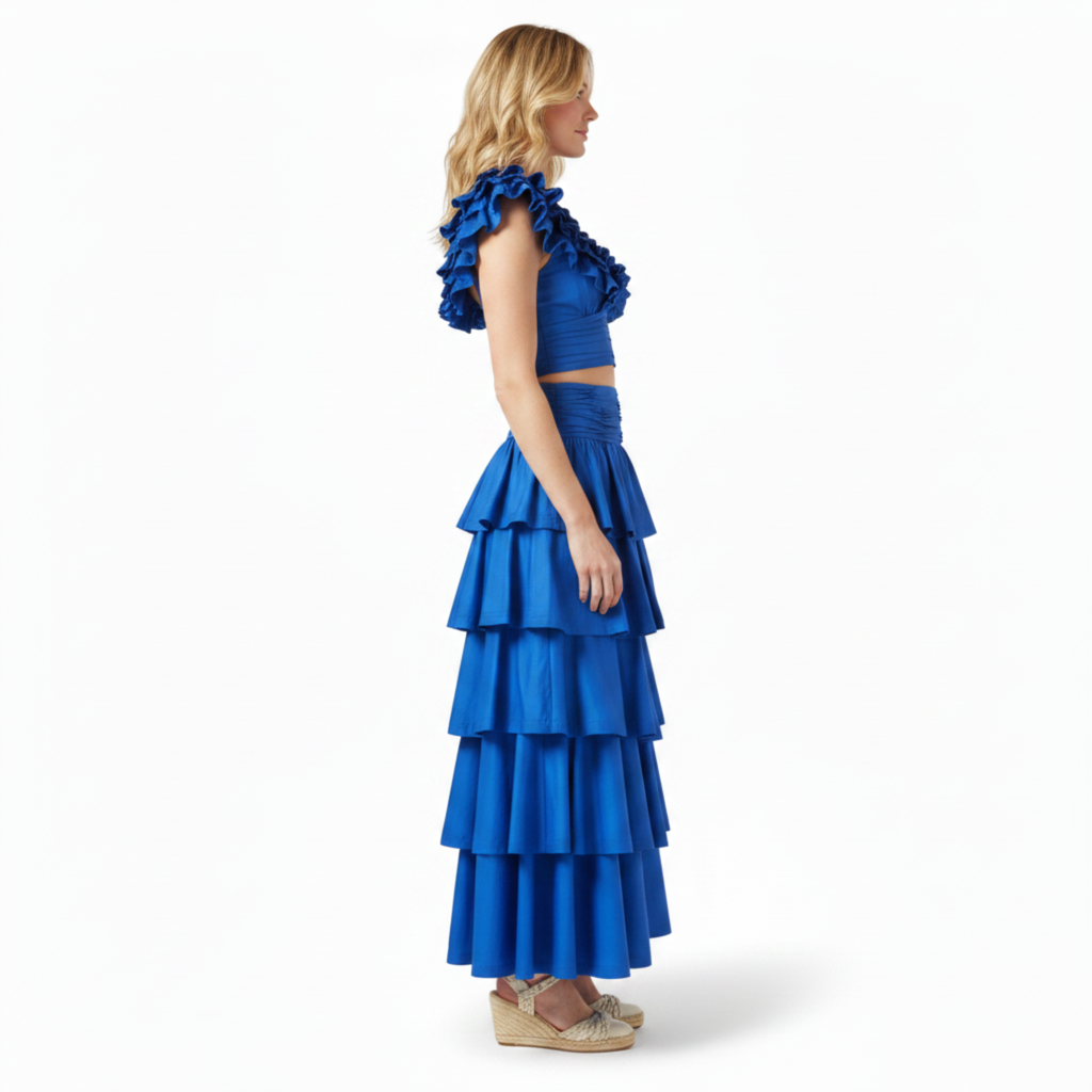 Ensemble Jupe Longue et Crop Top à Volants en Satin pour Femme