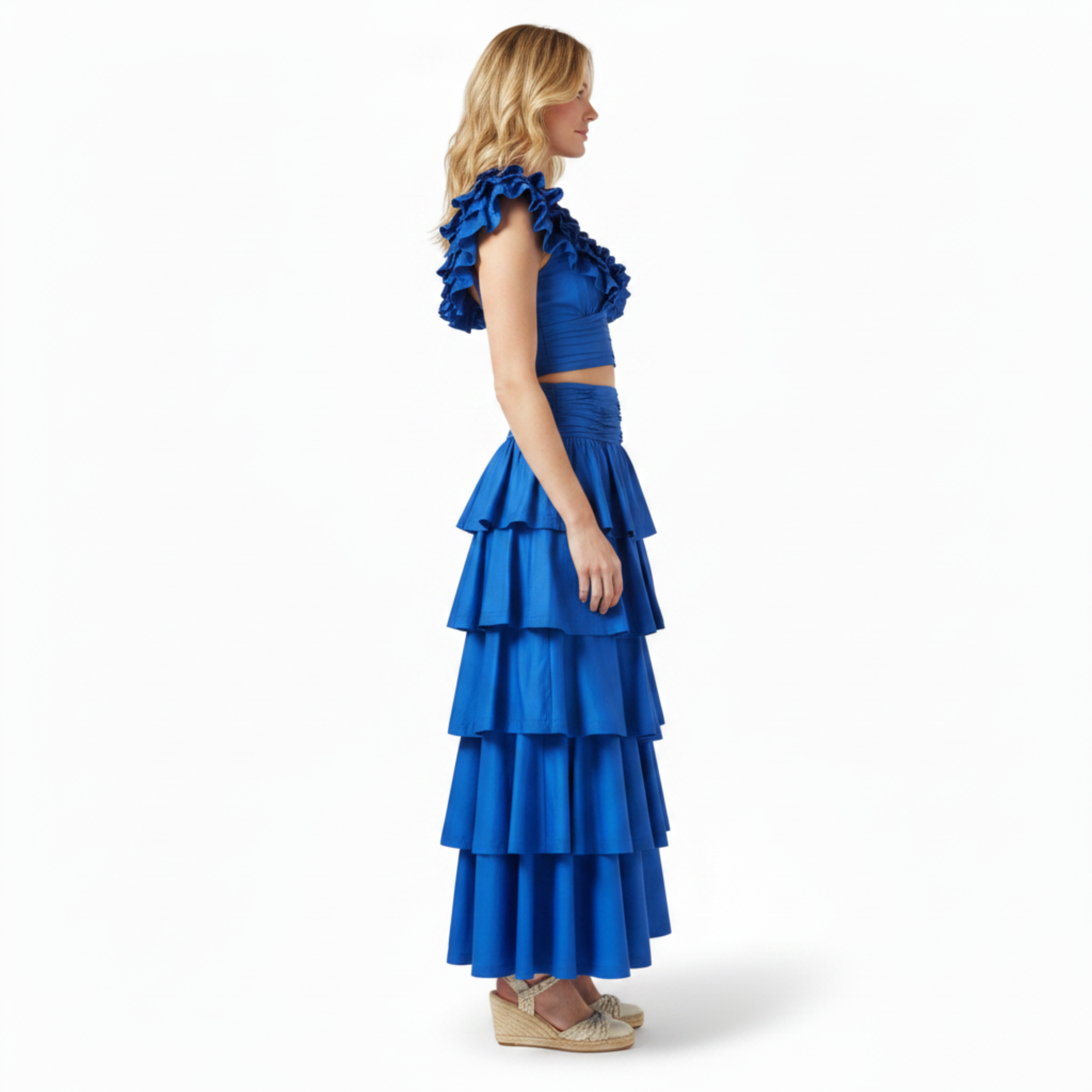 Ensemble Jupe Longue et Crop Top à Volants en Satin pour Femme