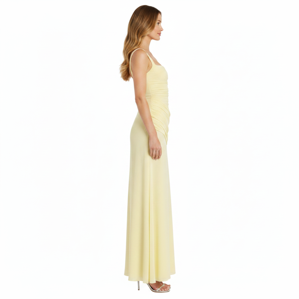 Robe Invitée de Mariage Longue à Col Carré et Taille Froncée pour Femme