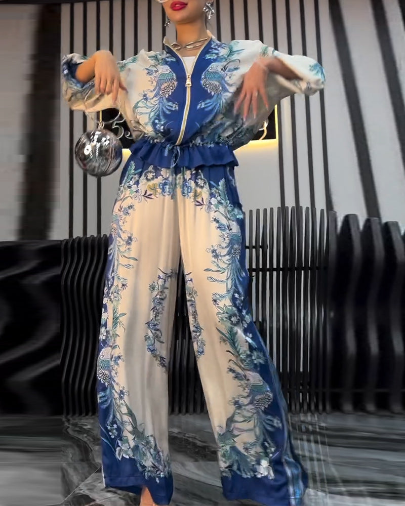 Costume à col montant et fermeture éclair avec jambes larges