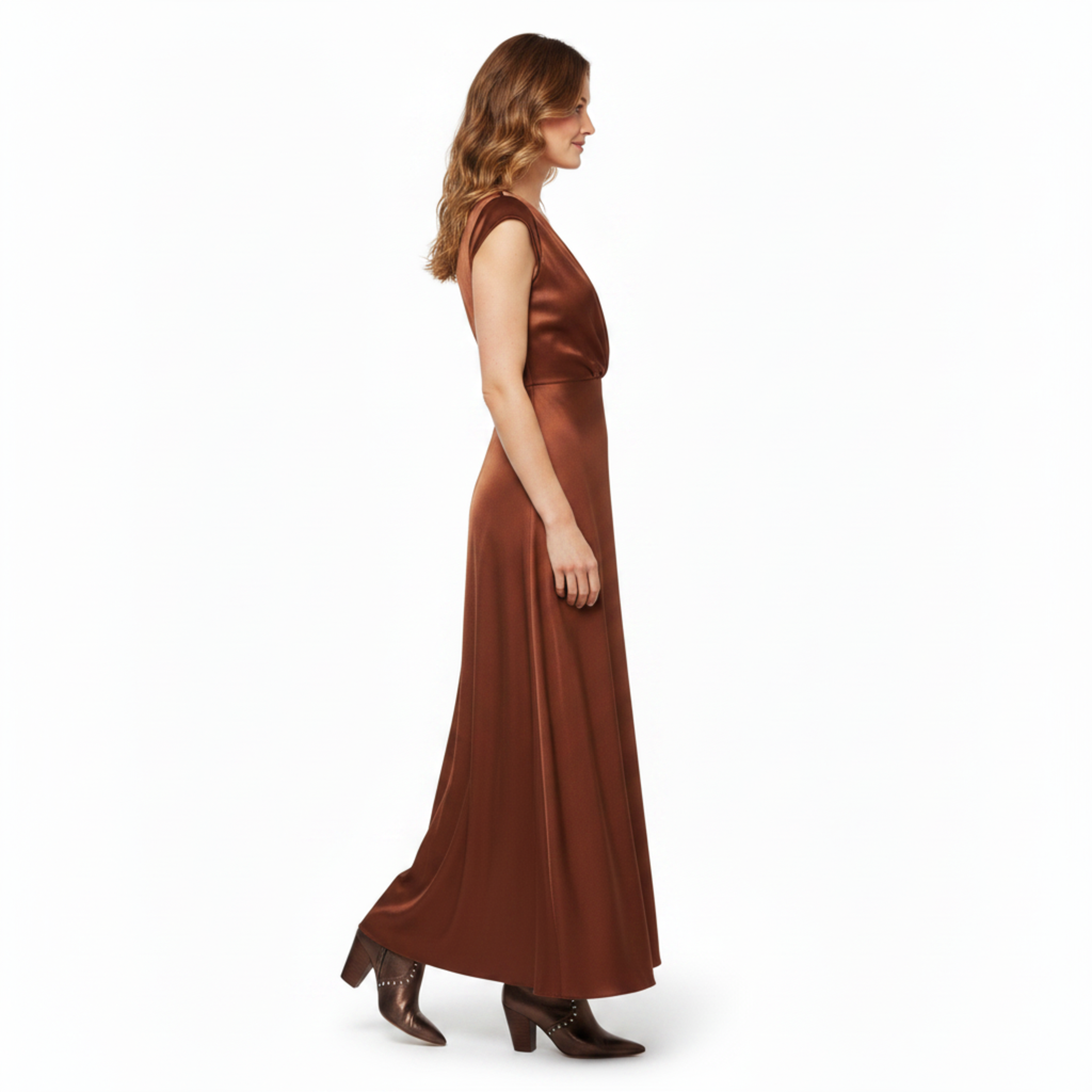 Robe Longue en Satin pour Femme avec Col en V et Manches Courtes Style Cape