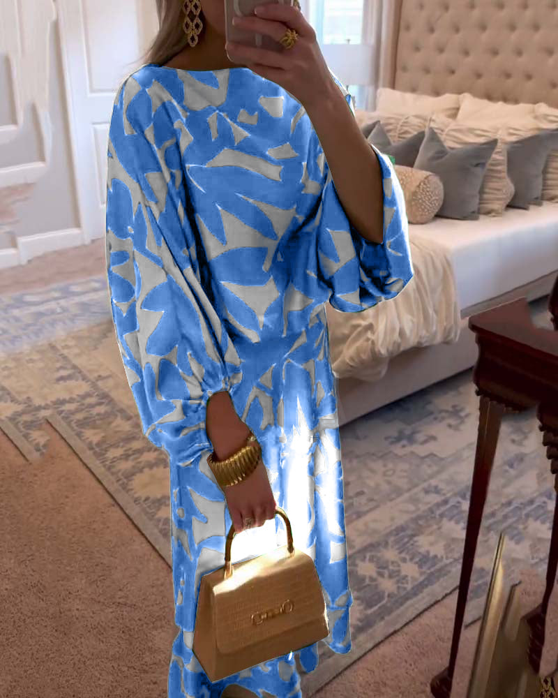 Ensemble de Robe Décontractée à Manches Lanternes Imprimées