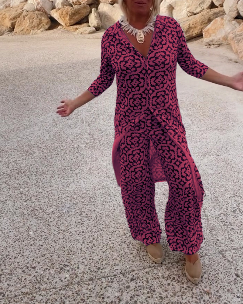 Mosa | Ensemble imprimé pour femmes, chemise longue et pantalon droit