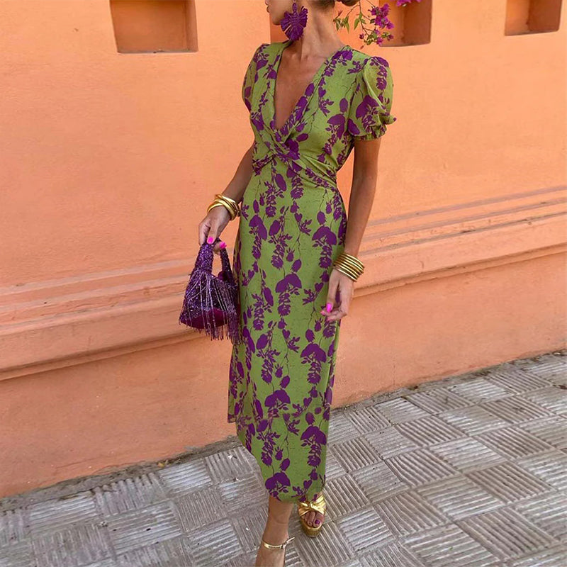 Robe A-Line à Manches Bouffantes et Imprimé Élégant de Feuilles en V Profond