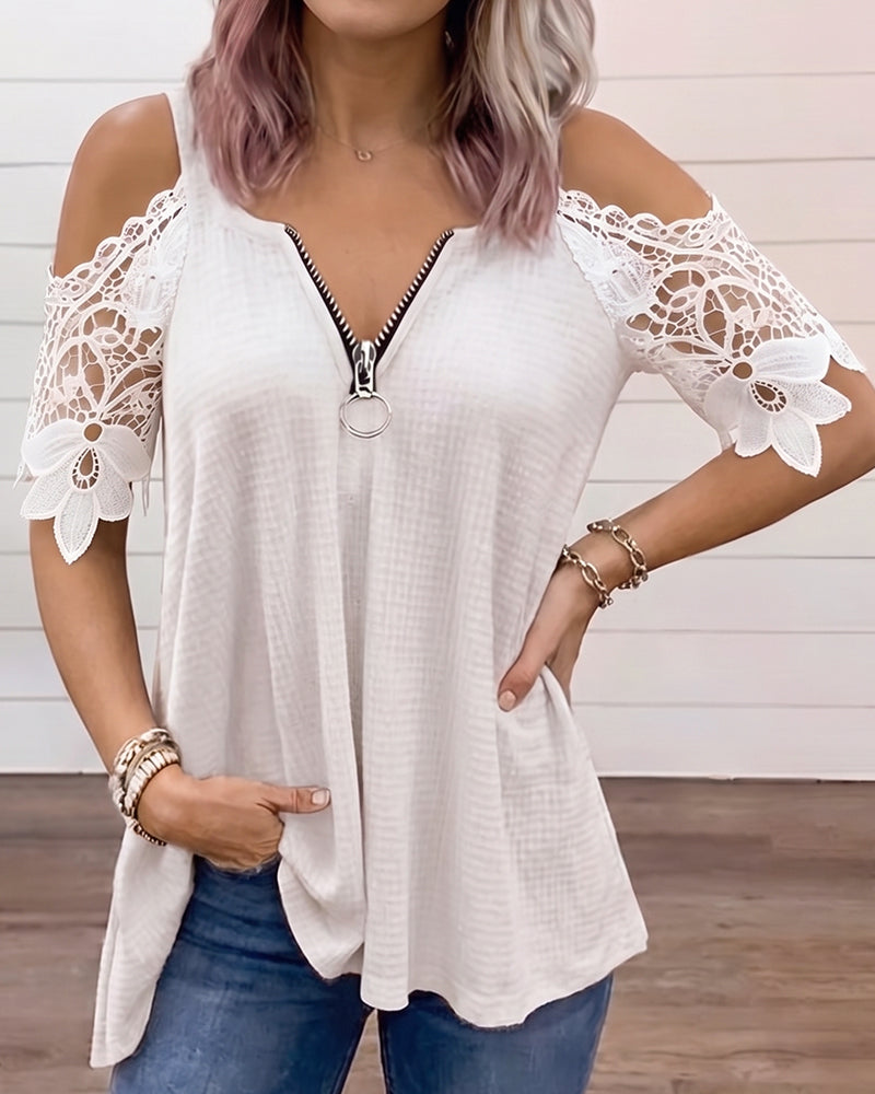 Blouse Bretelle Spaghetti Off-Shoulder Dentelle Patchwork Fermeture Éclair