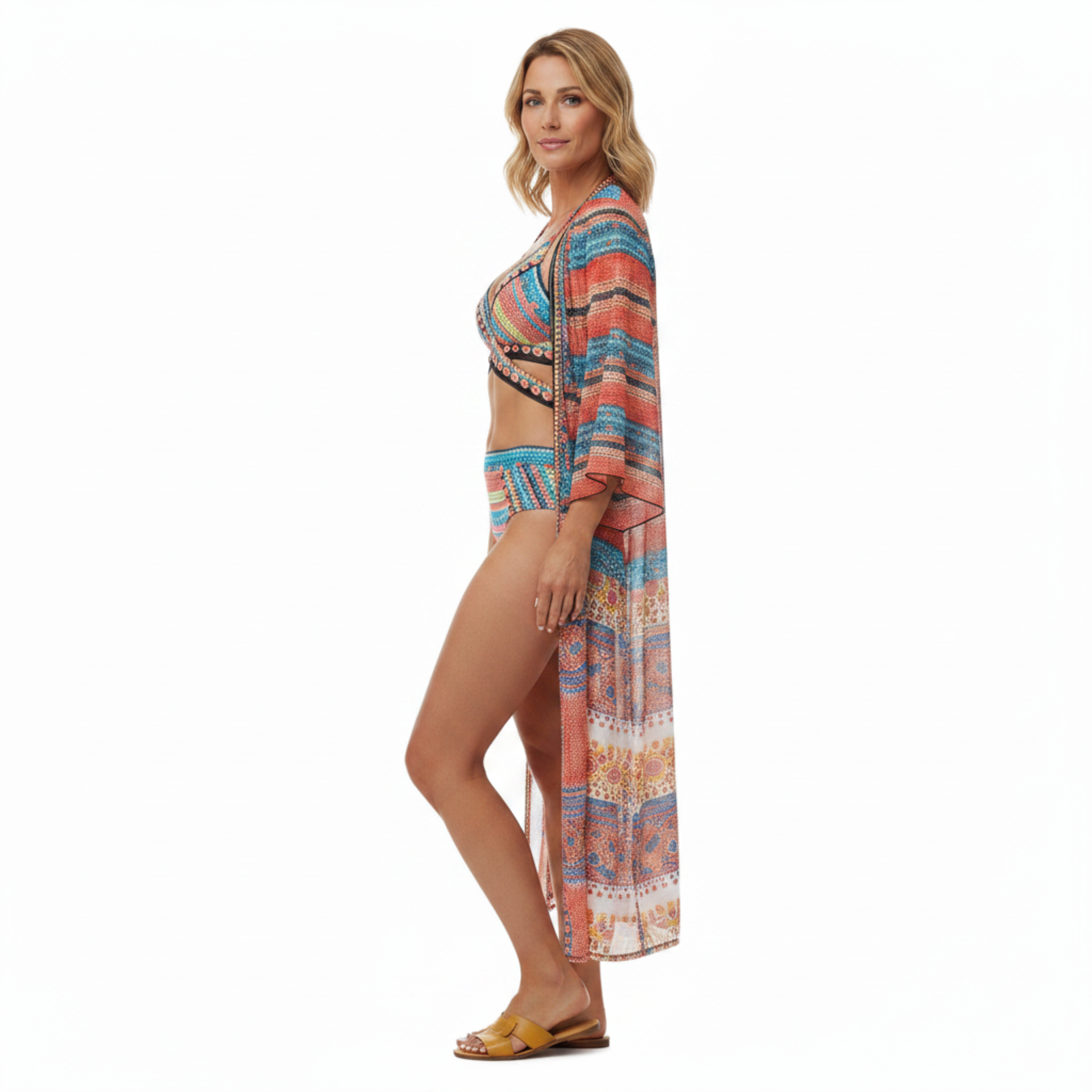 Ensemble de Bain 3 Pièces avec Culotte Taille Haute et Kimono de Plage
