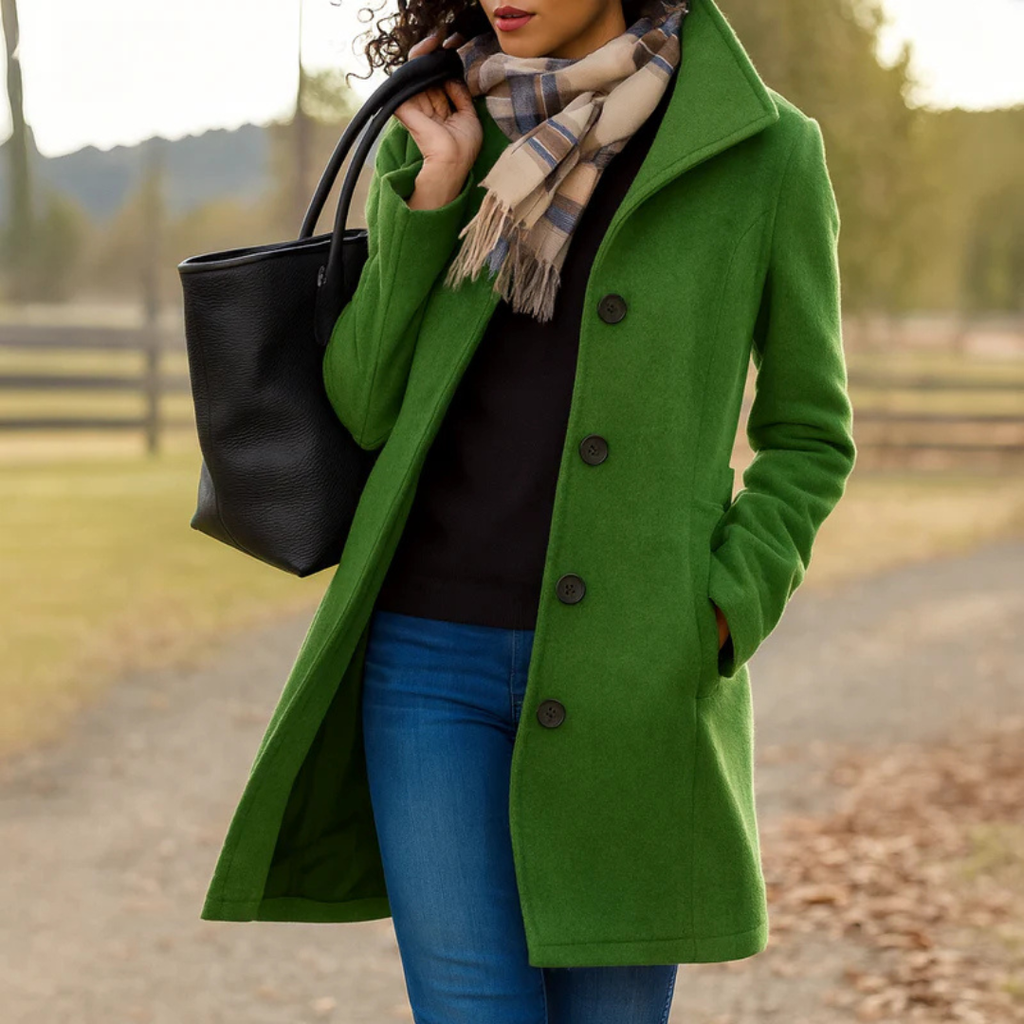 Manteau long femme boutonné à col montant élégant