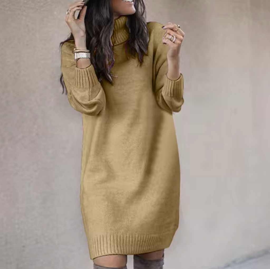 Robe Tricotée pour Femme avec Col Montant et Manches Longues