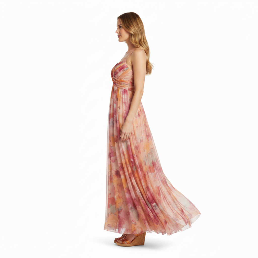 Robe Maxi Florale à Bretelles avec Dégradé et Jupe Fluide Vaporeuse