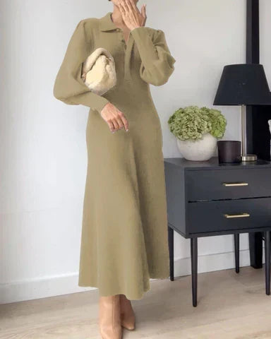 Robe Midi Tricotée pour Femme avec Col Polo et Coupe A