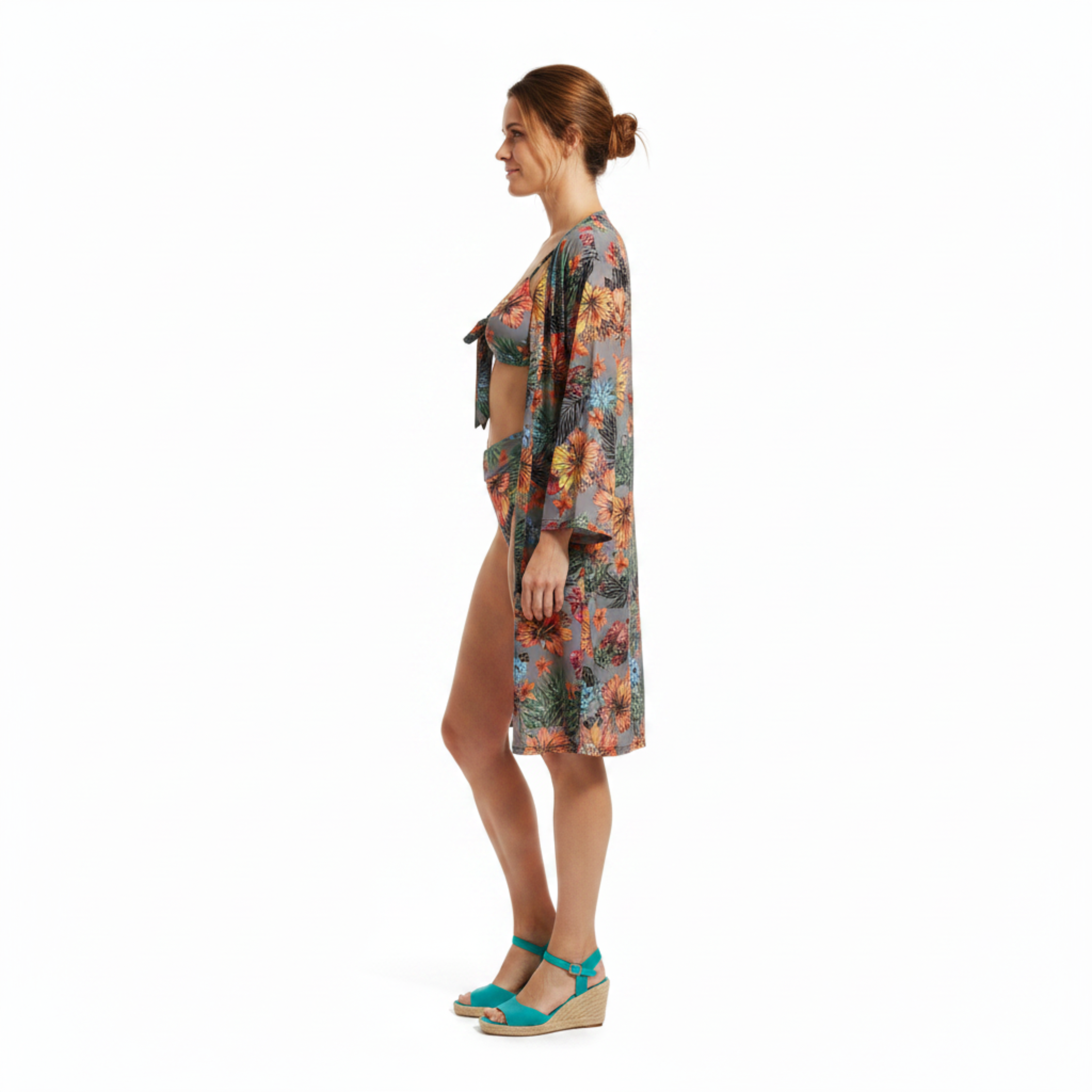 Ensemble Bikini 3 Pièces pour Femme avec Kimono Assorti et Motif Floral