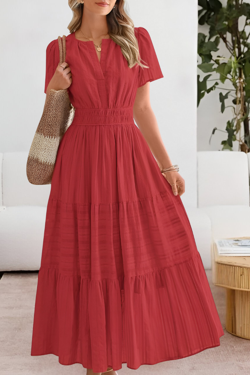 Robe Midi Boho pour Femmes | Manches Courtes Froncées