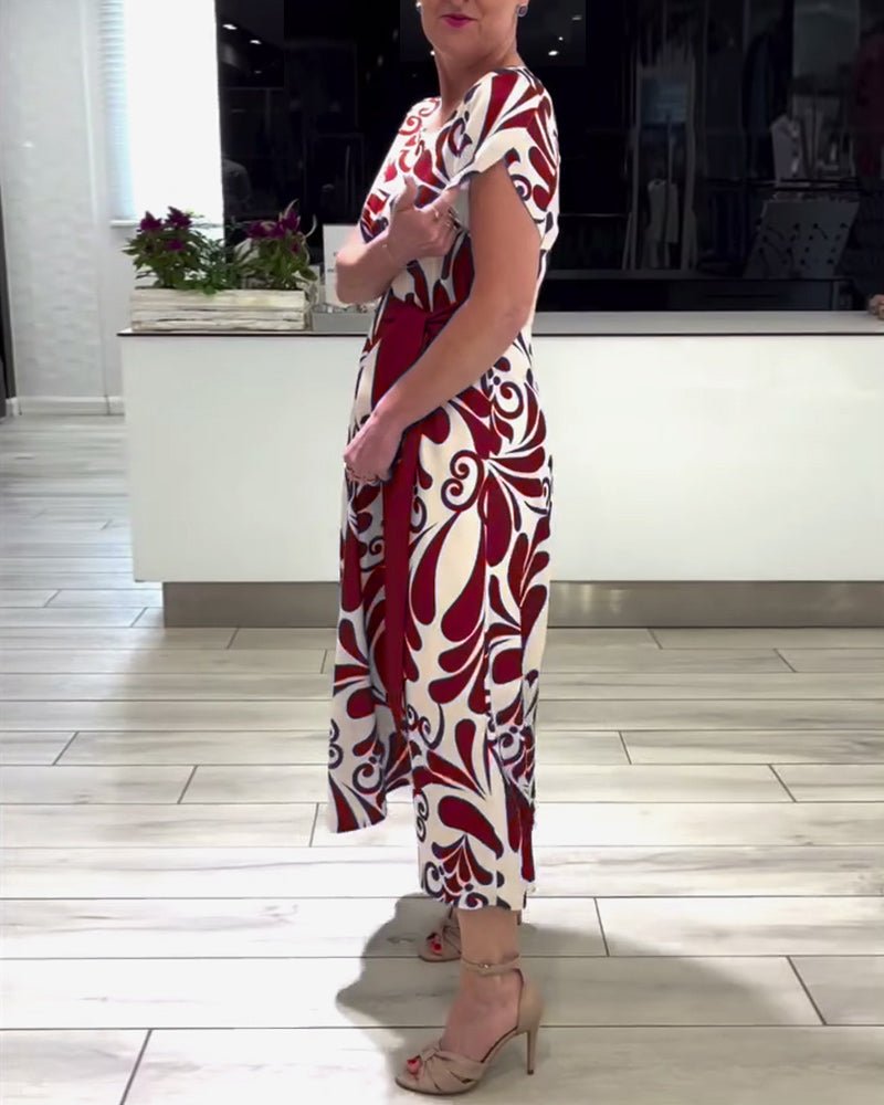Robe élégante à imprimé contrasté à manches courtes