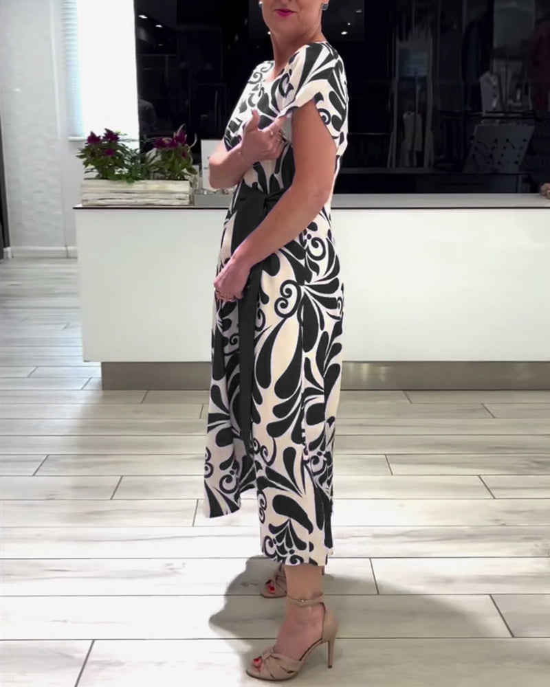 Robe élégante à imprimé contrasté à manches courtes