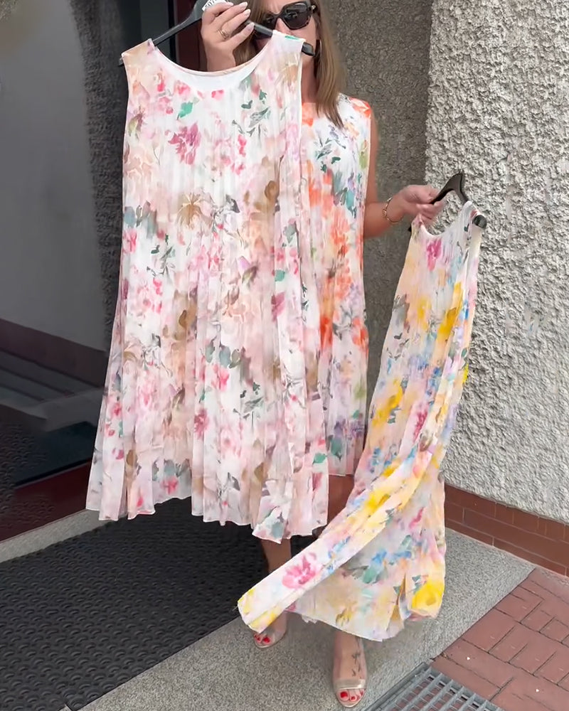 Robe Fleurie Plissée Sans Manches