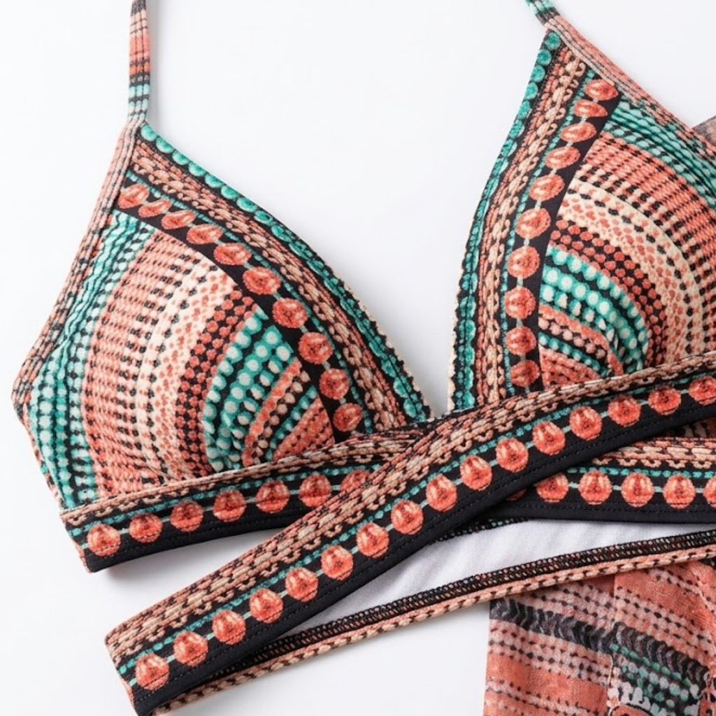 Bikini Taille Haute 3 Pièces avec Haut Triangle Halter et Kimono de Plage