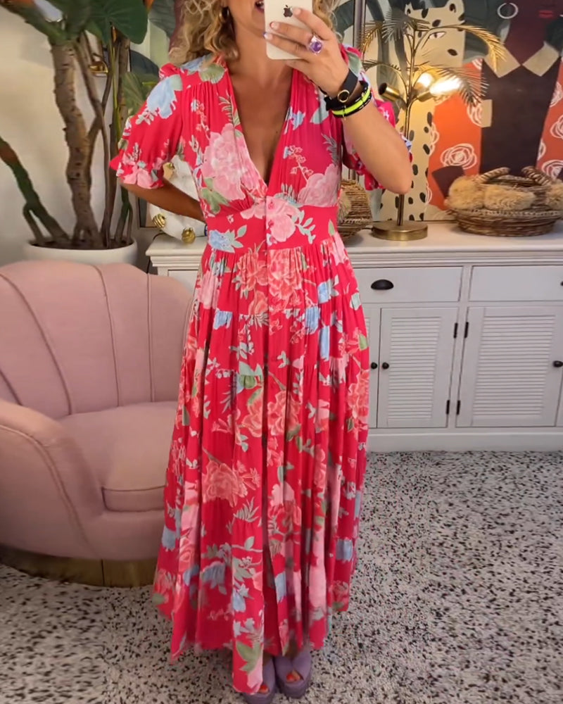 Robe à poche imprimée florale en v