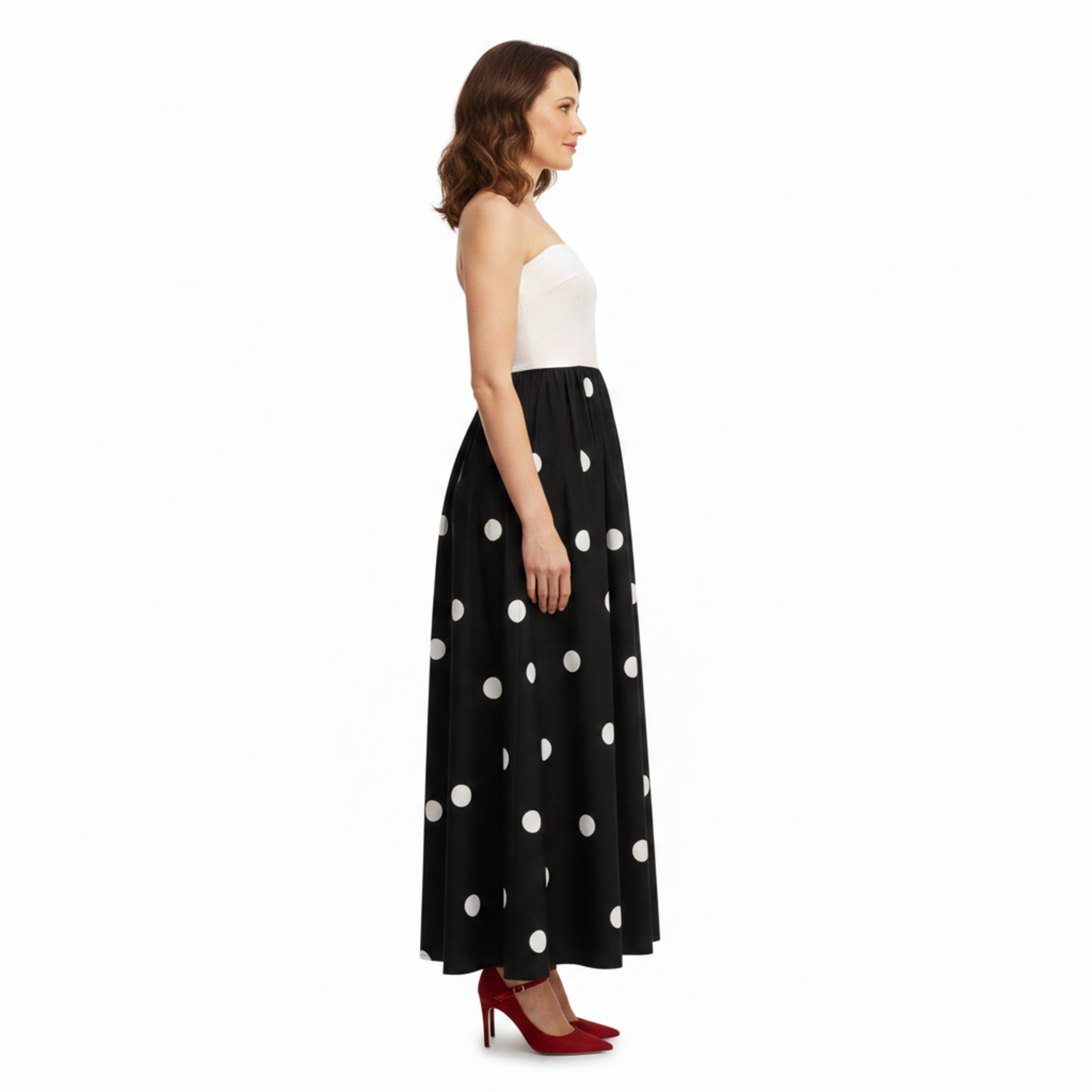 Robe Maxi à Pois avec Bustier Sans Bretelles et Jupe Évasée