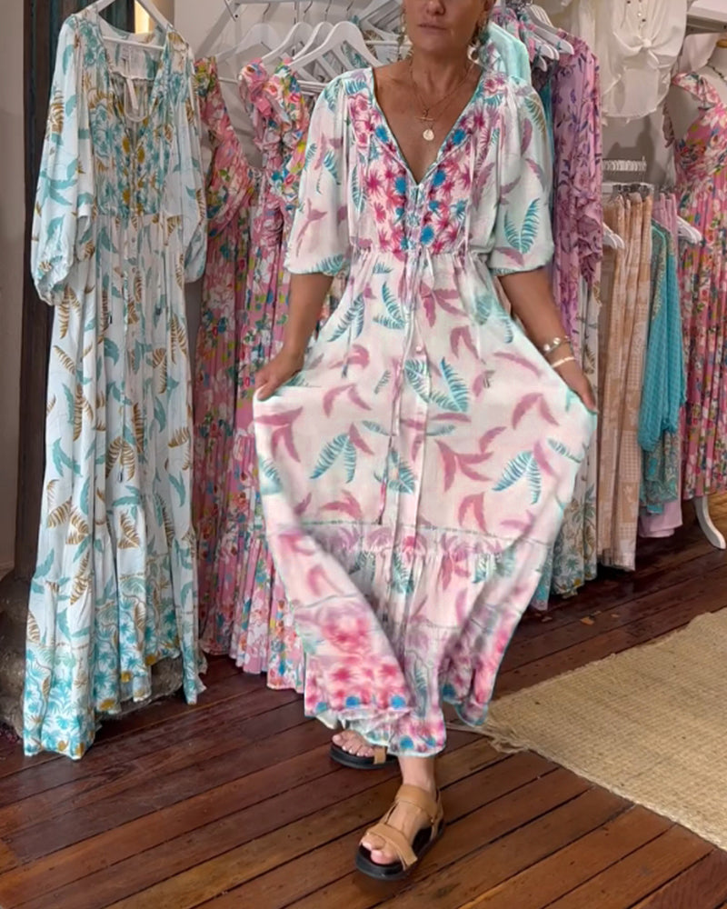 Robe maxi à imprimé feuilles avec décolleté en V pour femmes