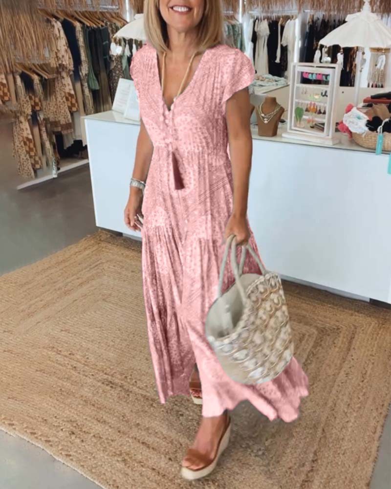 Robe à manches fendues en V imprimée pour les vacances