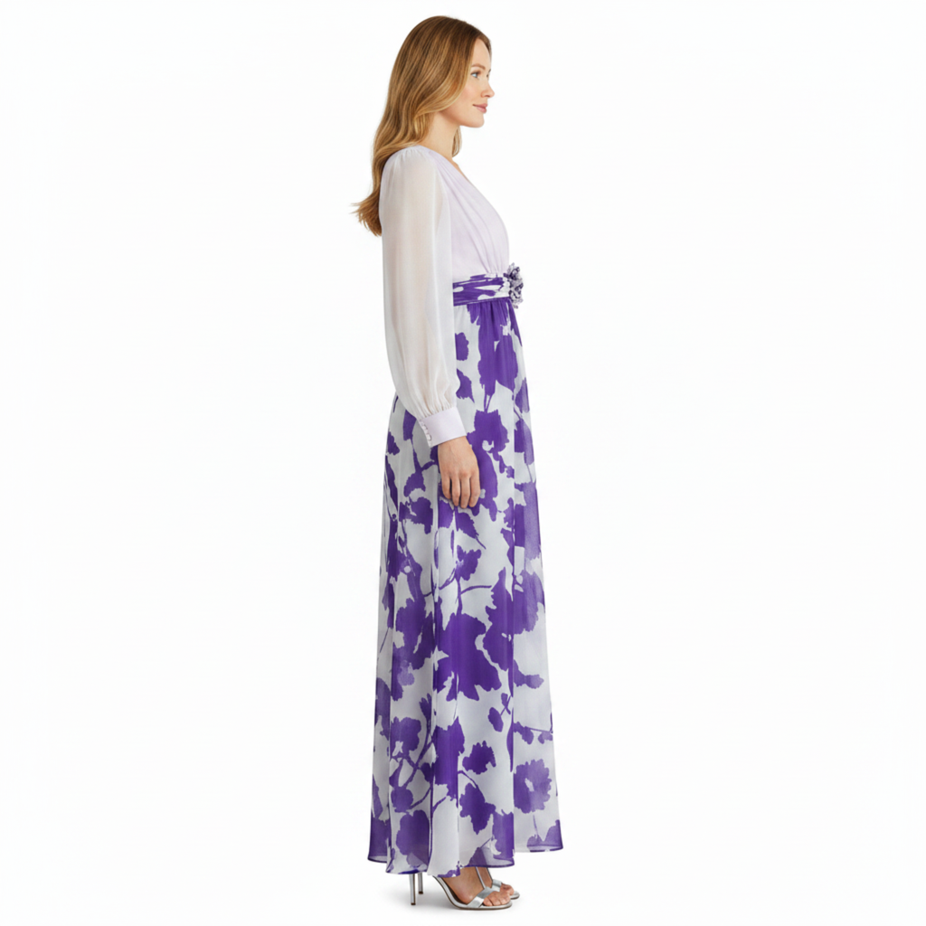Robe de Soirée Wedding Guest Dress Fleurie avec Manches Ballons et Col en V