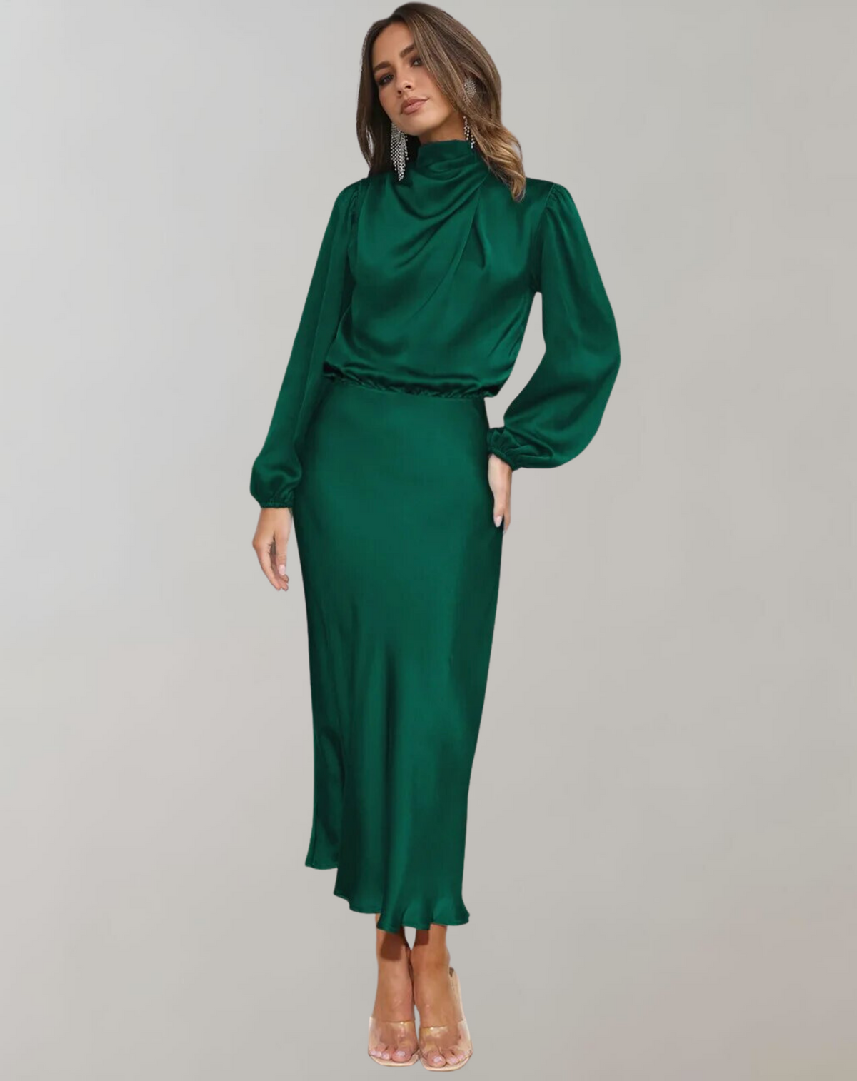 Robe en Satin pour Femme avec Col Montant et Manches Longues