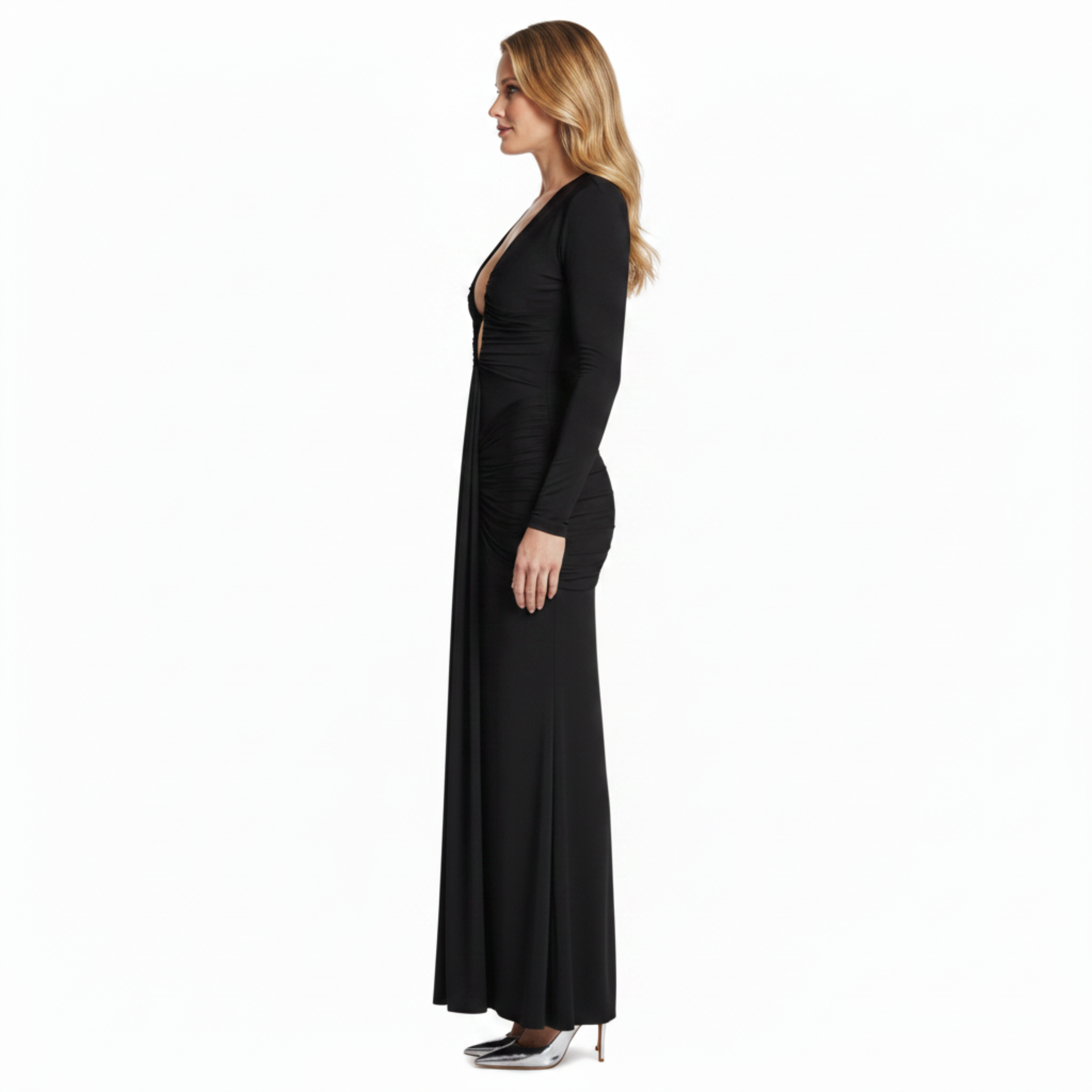 Robe de Soirée Maxi à Manches Longues avec Col en V Plongeant et Fronces