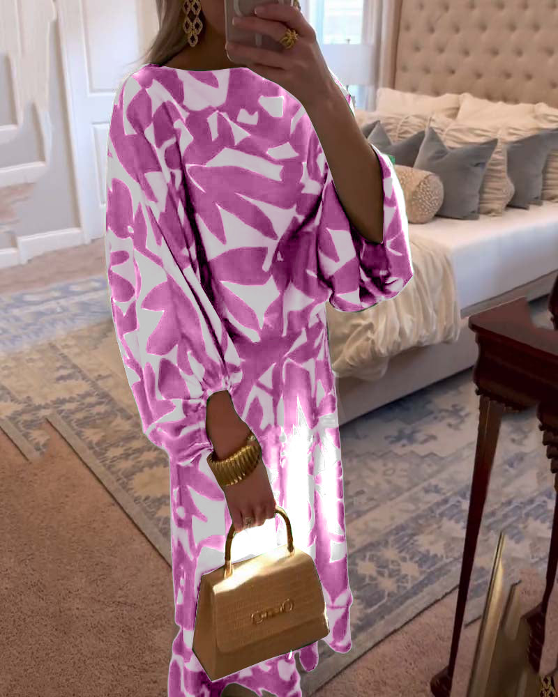 Ensemble de Robe Décontractée à Manches Lanternes Imprimées