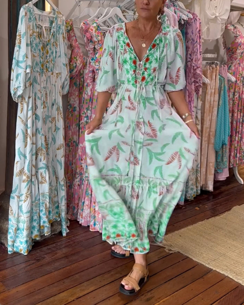 Robe maxi à imprimé feuilles avec décolleté en V pour femmes