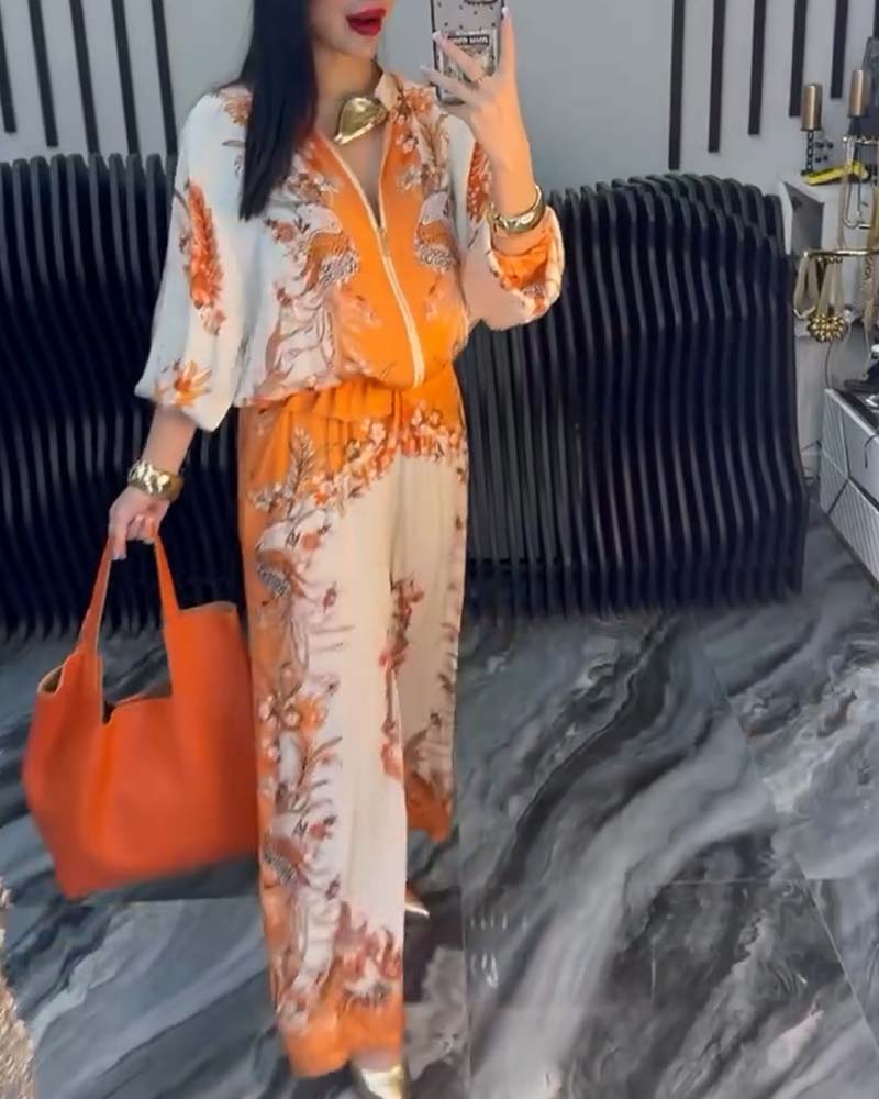 Costume à col montant et fermeture éclair avec jambes larges
