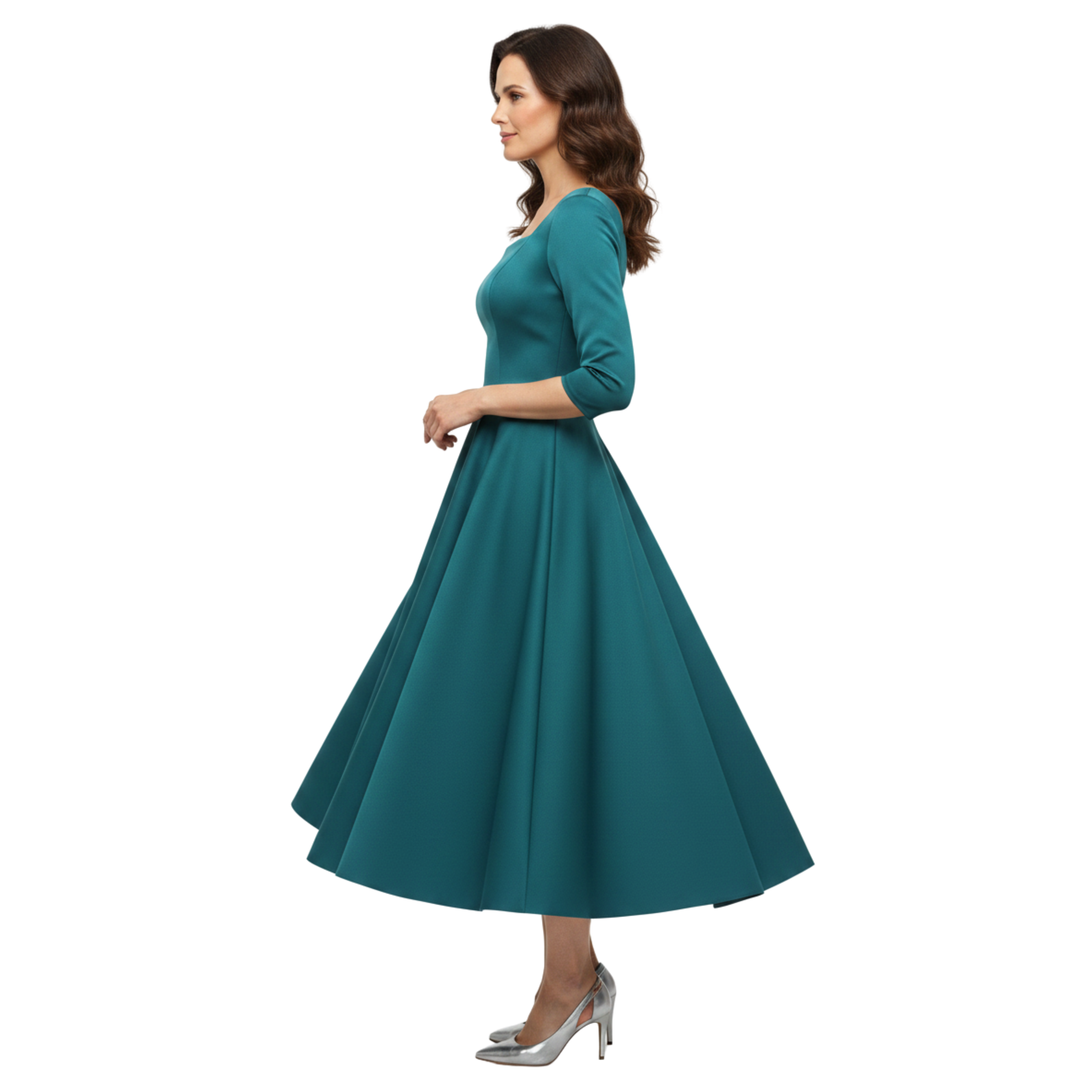 Robe de Soirée Midi Évasée à Manches 3/4 pour Invitée de Mariage