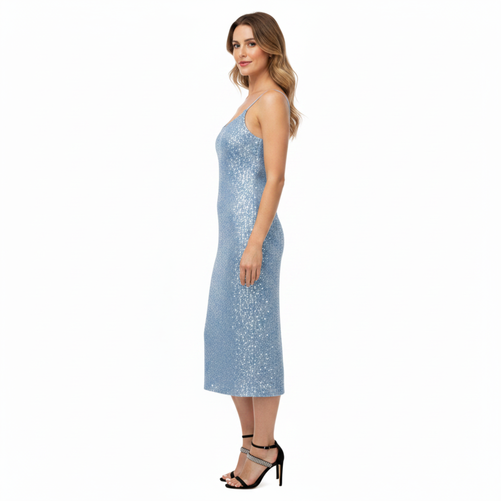 Robe Invitée de Mariage à Paillettes et Bretelles Spaghetti pour Femme