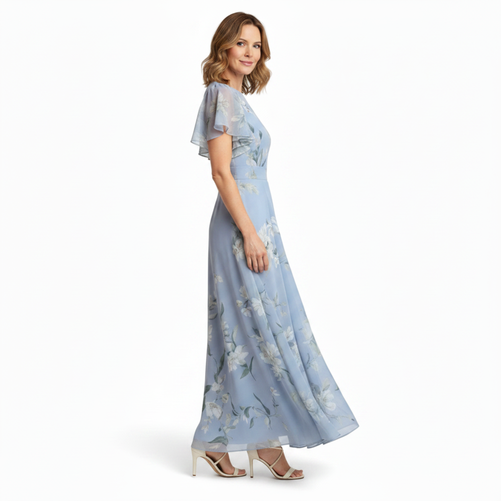 Robe Longue Fleurie pour Femme avec Manches à Volants et Coupe Évasée