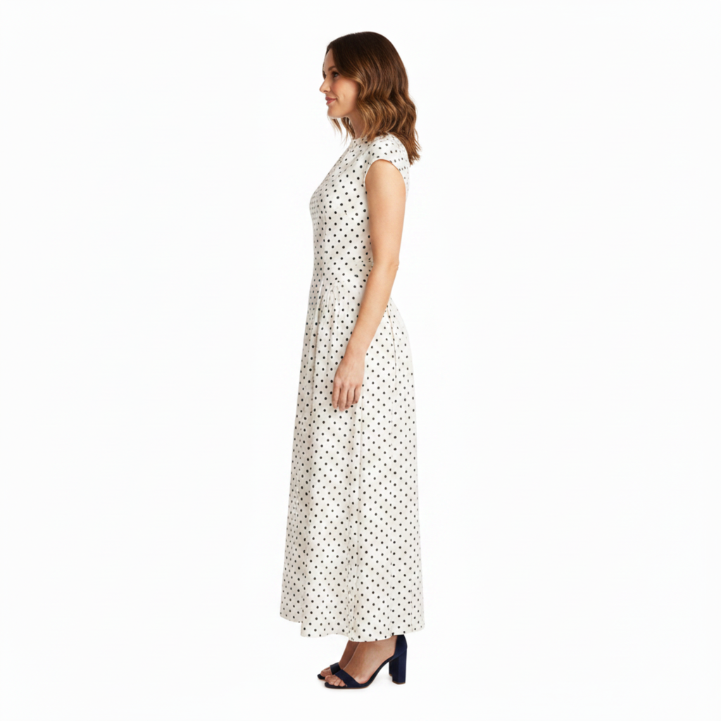 Robe Longue à Pois pour Femme avec Col Rond et Jupe Évasée Coupe Ajustée