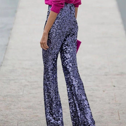 Pantalon évasé à paillettes pour femme | Taille haute