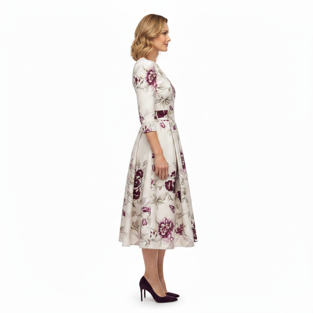 Robe de Soirée Midi Imprimé Fleuri à Manches 3/4 pour Invitée de Mariage