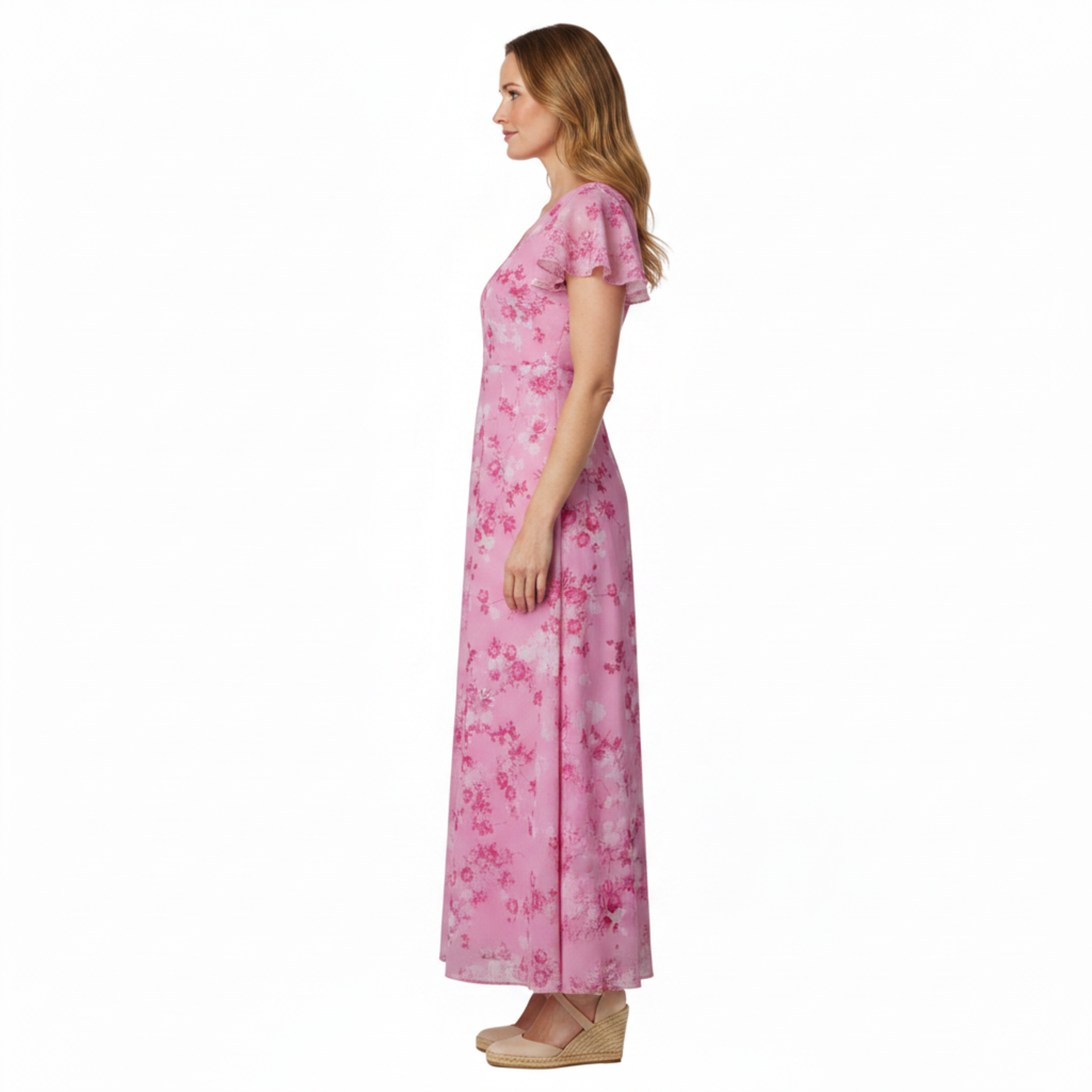Robe de Soirée Invité de Mariage Longue en Mousseline à Manches Papillon