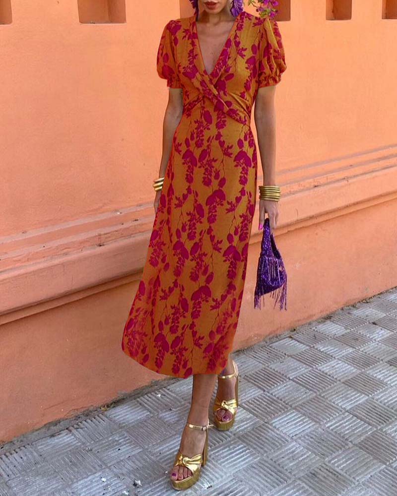 Robe A-Line à Manches Bouffantes et Imprimé Élégant de Feuilles en V Profond