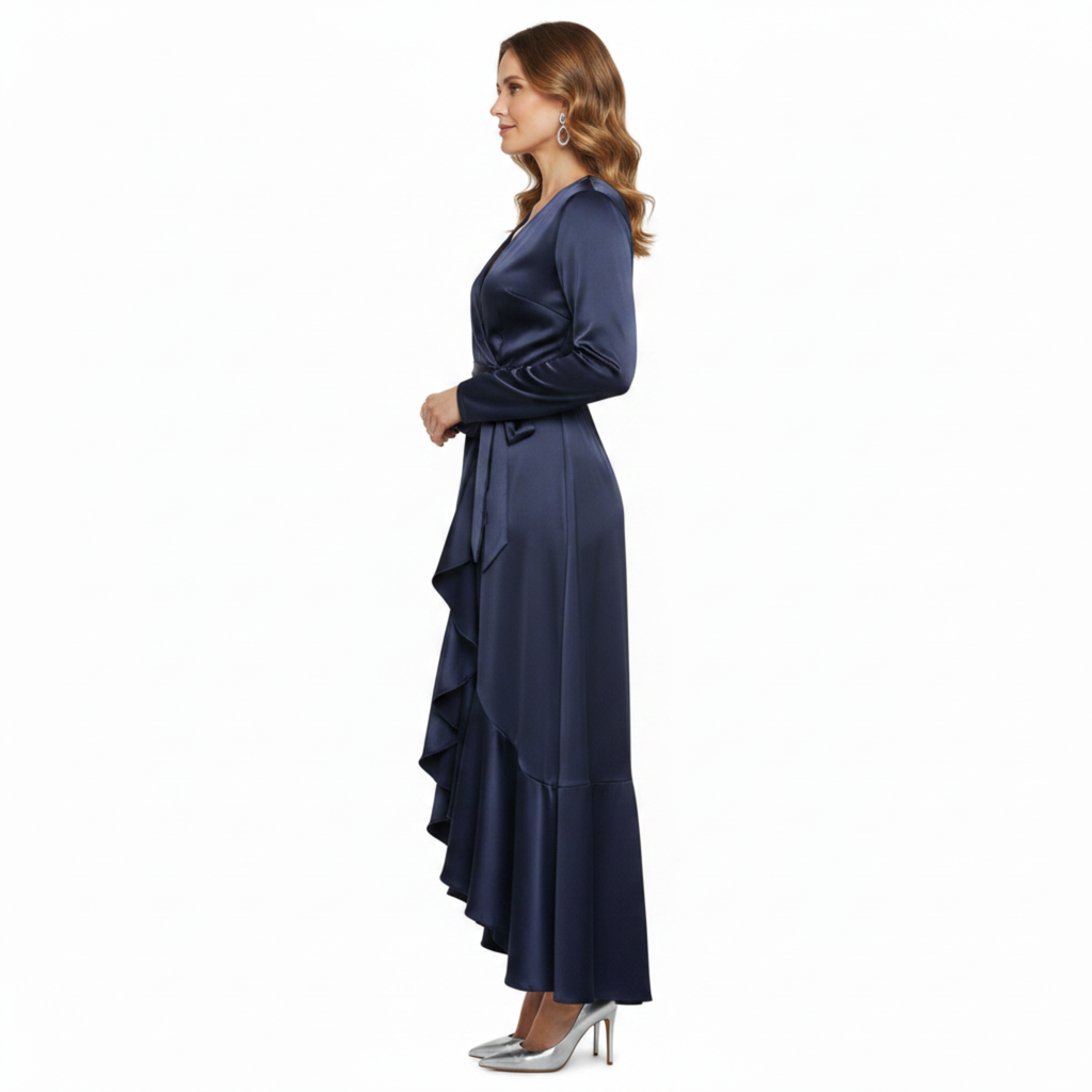 Robe de Cocktail Longue en Satin Design Cache-Cœur avec Jupe Cascade