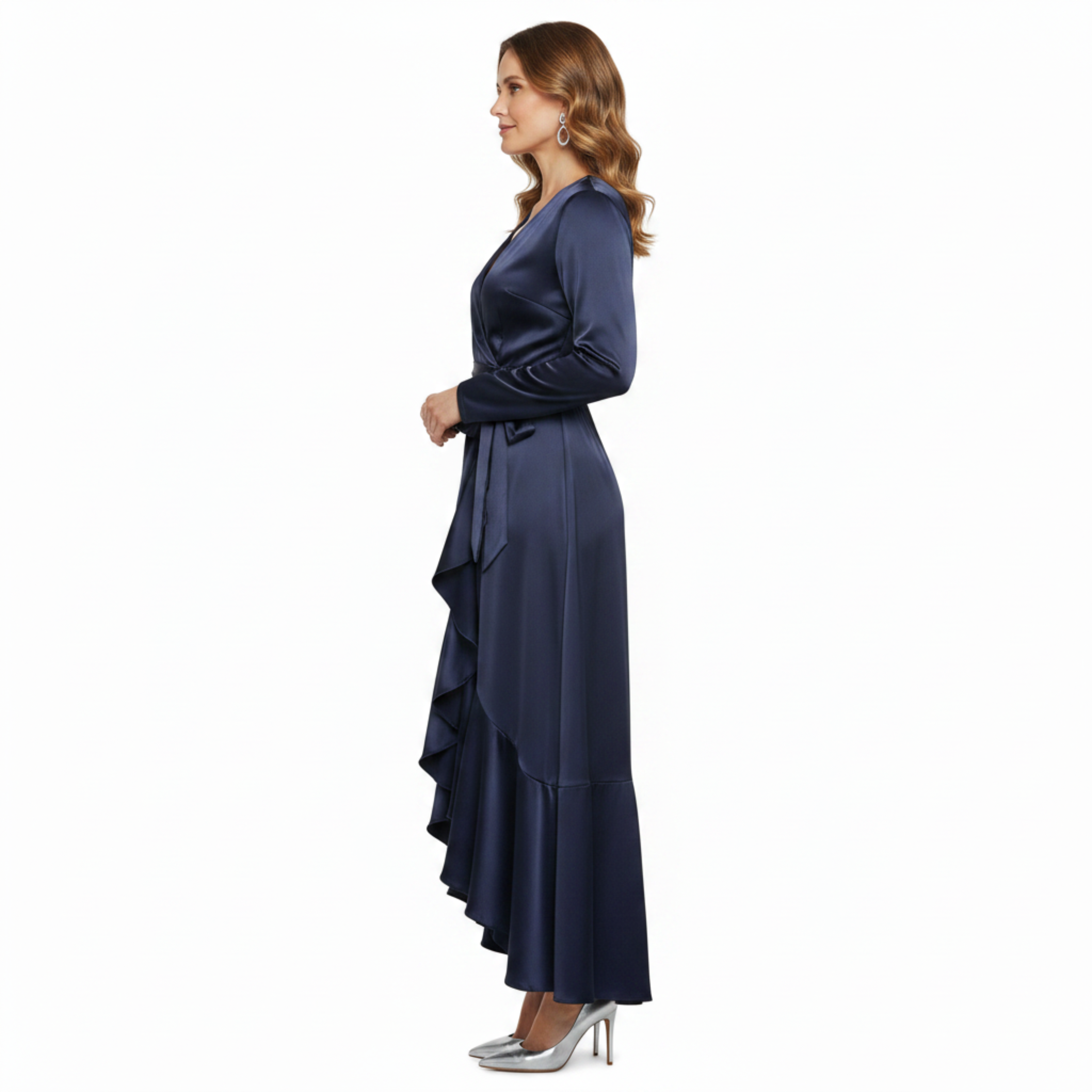 Robe de Cocktail Longue en Satin Design Cache-Cœur avec Jupe Cascade